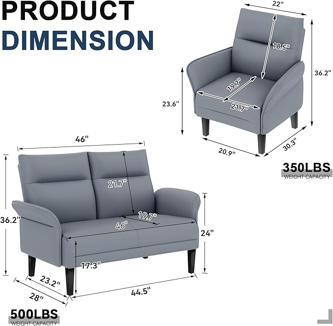 Yongchuang 3 Piece Sofa Sets for Living Room Brown Faux Leather Loveseat Sofa Couch and Accent Chairs Set of 2 Modern Small Couch and Armchair Set Grey