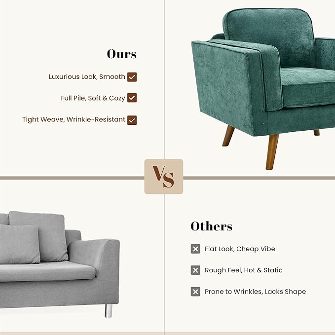 Kingfun Modern Accent Chair Living Room Chairs Chenille Reading Armchair Mid Century with Dual-Layer Armrests Solid Wood Frame Easy Assembly for Small Spaces Green