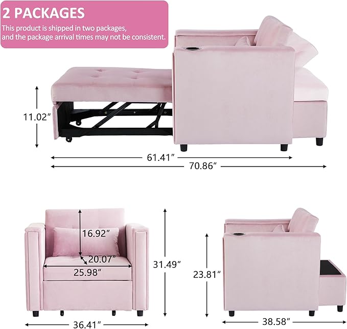 Velvet Convertible Chair Bed 3 in 1 Multi-Functional Lounge Chair Sleeper Pull Out Couch Guest Bed with Hidden Table and Adjustable Backrest for Living Room Small Space Apartment (Pink)
