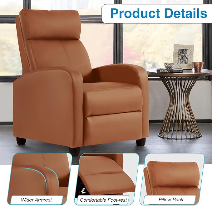 Recliner Chair PU Leather Reclining Sofa Lounge Home Theater Seating with Lumbar Support Overstuffed High-Density Sponge Push Back Recliners Armchair for Living Room Tan
