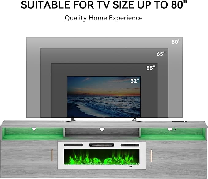 MXV 78 Fireplace TV Stand with Power Outlet for TVs UP to 90 Electric Fireplace Entertainment Center with LED Lights &amp Storage Cabinets TV Console for Living Room Office Grey-White