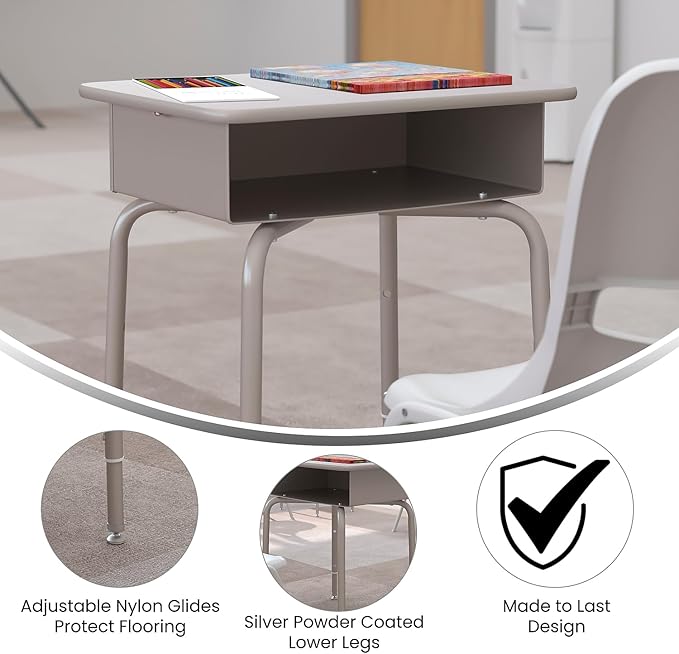 Flash Furniture Billie Student Desk - Gray Granite Open Front School Desk - Silver Metal Frame - 24W x 18D Adjustable Height Durable for School or Remote Learning