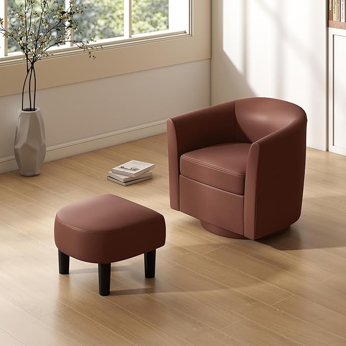 Giantex Swivel Small Accent Chair with Ottoman Modern Faux Leather Barrel Club Chair w/Footrest Removable Seat Cushion Swivel Single Sofa Arm Chair for Living Room Bedroom Office (Brown)