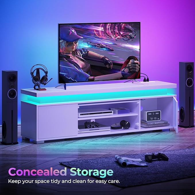 Rolanstar TV Stand with LED Lights &amp Power Outlet Modern Entertainment Center for 32/43/50/55/65 Inchs TVs Table Universal Gaming Media Stand Storage Cabinet and Large Storage White