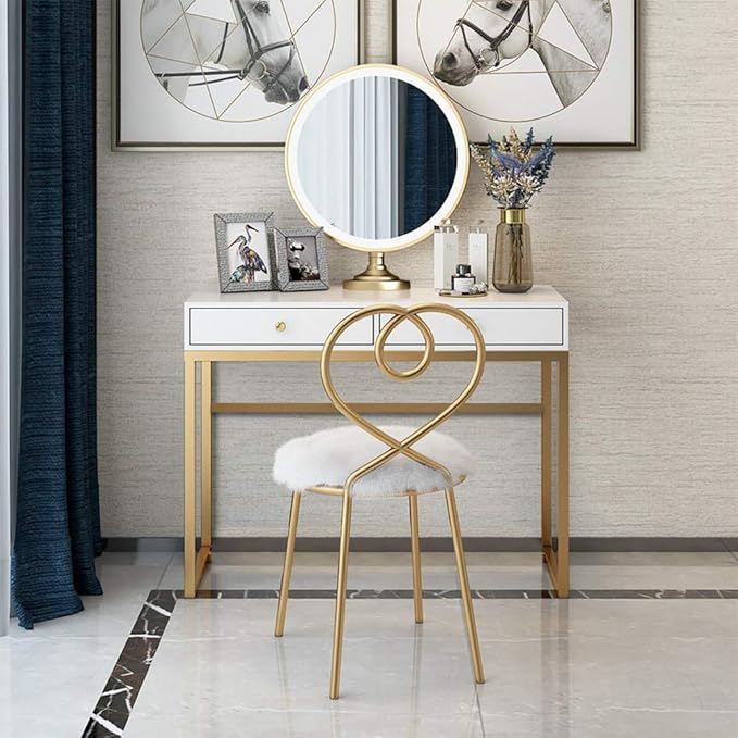 HomVent Contemporary Office Desk Modern Simple Home Office Desk Writing Desk Computer Desk Laptop Table Desk with 2 Storage Drawers and Metallic Legs Vanity Makeup Console Table (White &amp Brass)