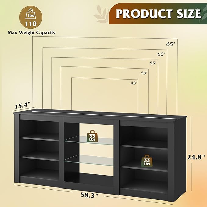WLIVE Modern TV Stand for 65 Inch TV Entertainment Center with Adjustable Open Shelves &amp RGB LED Lights Sturdy Media Console for Living Room BedroomGaming (Black)