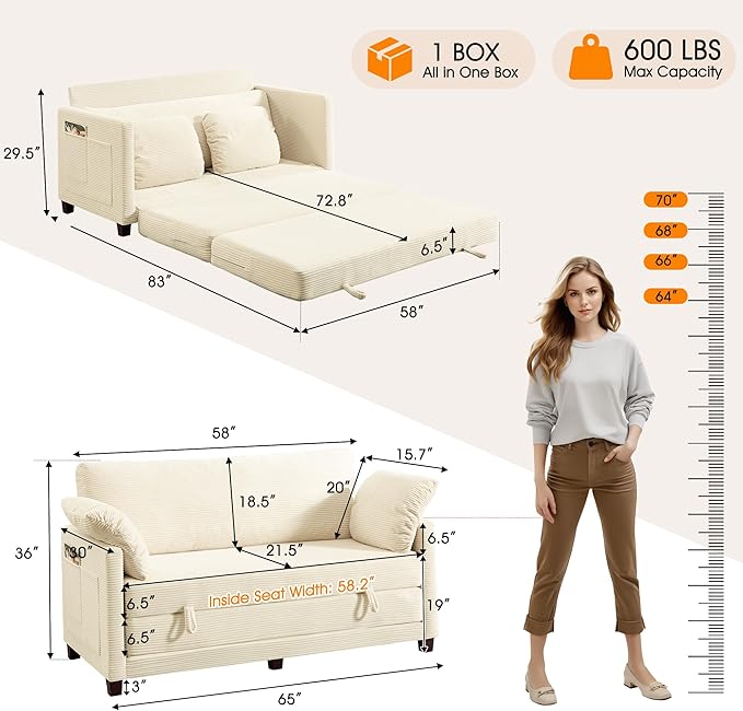 65 Loveseat Sleeper Sofa Bed Corduroy Convertible Sofa Bed for Small Spaces Folding Couch Bed with Deep Seat 2 Pillows &amp Solid Frame Pull Out Floor Couches for Living Room Beige