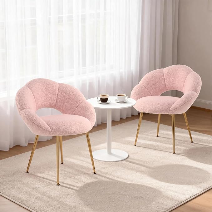 Petal Makeup Vanity Chair with BackModern Dining ChairUpholstered Desk Chair for Girls with Gold Metal Legs for Home OfficeBedroom (Pink)