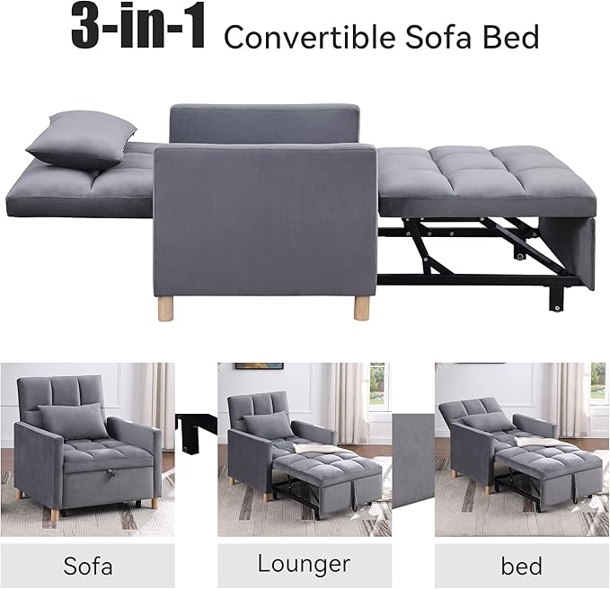 Sleeper Sofa Bed 3-in-1 Convertible Chair Bed Multi-Functional Sleeper Chair Soft Teddy Fabric for Living Room Apartment Office (Grey-Velvet)