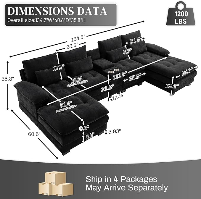 OUYESSIR 134 Oversized Black Sectional Couches for Living RoomFluffy Couch with Chaise Lounge&ampTufted Buttons U Shaped Living Room Sofa Set FurnitureChenille 6 Seater Couch with Storage Console