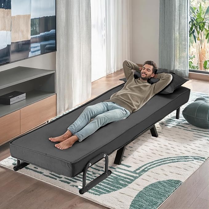 Convertible Sofa Bed Sleeper ChairSingle Person Chaise Lounge Couch with PillowUpholstered Lazy Bed with 6 Angles Adjustable BackrestFolding Sofa Arm Chair for Apartment/Office/Home (Dark Gray)