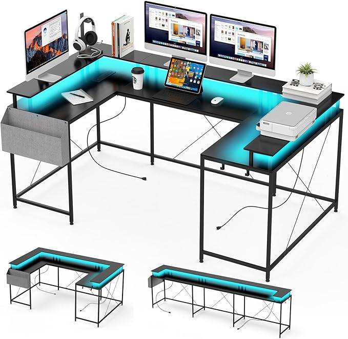 IDEALHOUSE U Shaped Home Office Desk Reversible L Shaped Gaming Computer Desk with Power Outlets126 Inch Computer Desk with Monitor Stand and LED LightsStorage ShelvesStorage Bag and Hooks（Black）