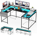 IDEALHOUSE U Shaped Home Office Desk Reversible L Shaped Gaming Computer Desk with Power Outlets126 Inch Computer Desk with Monitor Stand and LED LightsStorage ShelvesStorage Bag and Hooks（Black）