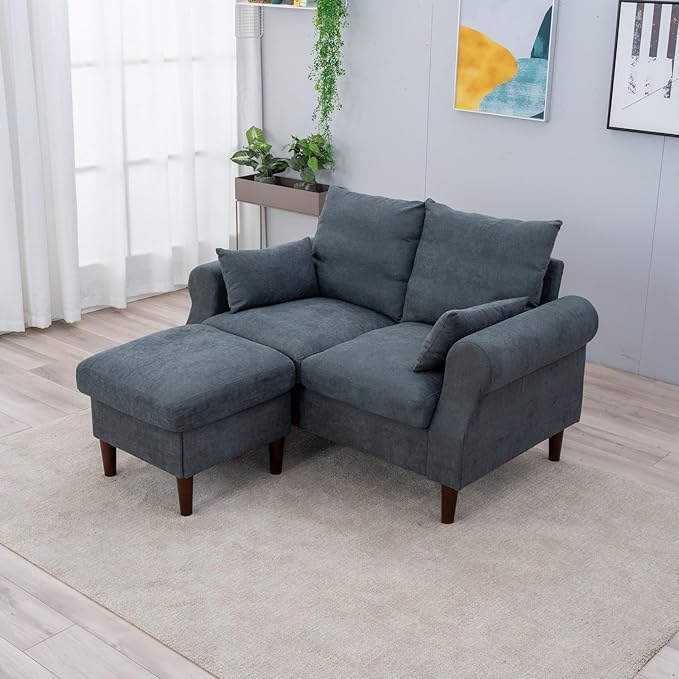 Panana Sectional Sofa Couch Loveseat Modern Linen Love Seater Home Furniture with Reversible Footstool for Small Space Living Room (Grey Scroll Arm - Loveseat with Ottoman)