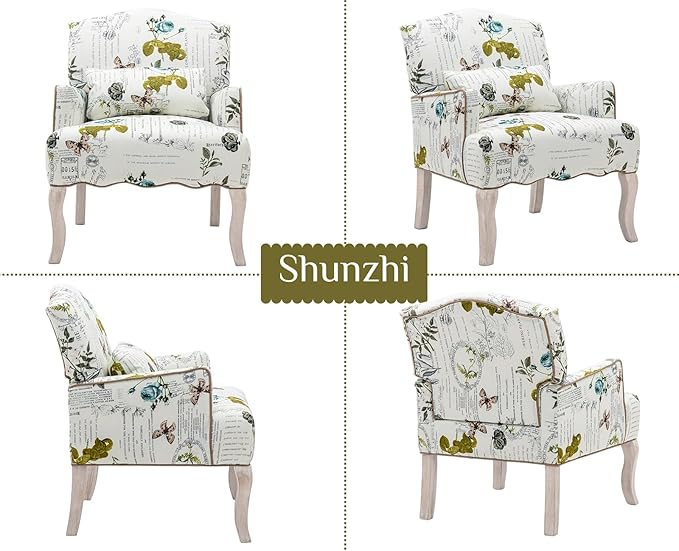 Floral Accent Chairs Set of 2 Farmhouse Upholstered Armchair Reading Chair Mid Century Modern Single Sofa Chair with Pillow for Bedroom/Living Room/Fireplace Beige&ampGreen Butterfly Pattern