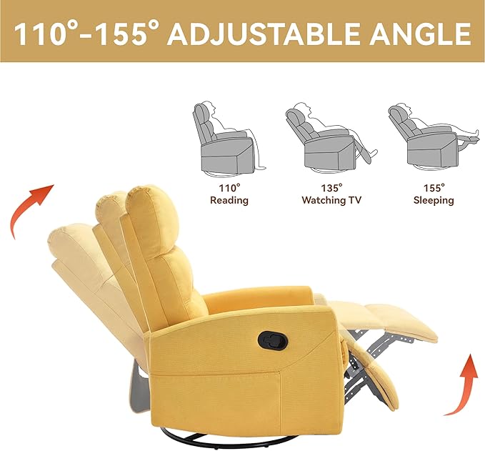 Slim Swivel Rocking Chair Recliner with PocketsLazy Boy Recliners for for AdultsSmall Recliner Chair for Small Spaces Manual Reclining Chair for Living Room Bedroom Adjustable Backrest (Yellow)