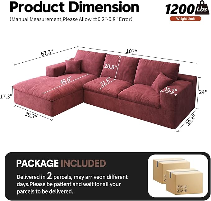 107'' L-Shaped Modern Modular Sectional Cloud Couch 4-Seat Chenille Deep-Seat Sofa with Pillow for Living Room Bedroom Apartment Wine Red