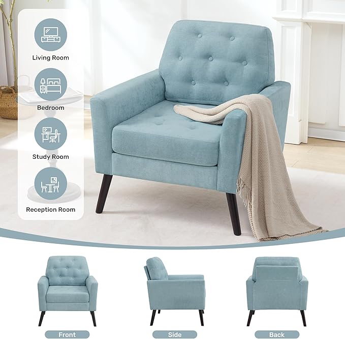 Accent Chair for Living Room Mid Century Modern Reading Chair Upholstered Armchair with Tufted Back &amp Wood Legs Single Sofa Side Chair for Bedroom Small Room Office Apartment Teal Green