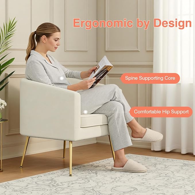 Velvet Accent Chair Modern Barrel Armchair with Gold Legs Upholstered Club Chairs for Living Room/Bedroom/Guest Reception White