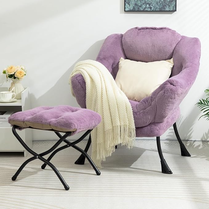 HollyHOME Lazy Chair with Foldable Ottoman Accent Comfy Lounge Armchair and Folding Footrest Stool Leisure Sofa Reading Chair and Footstool for Living Room Bedroom DormFaux Fur Purple