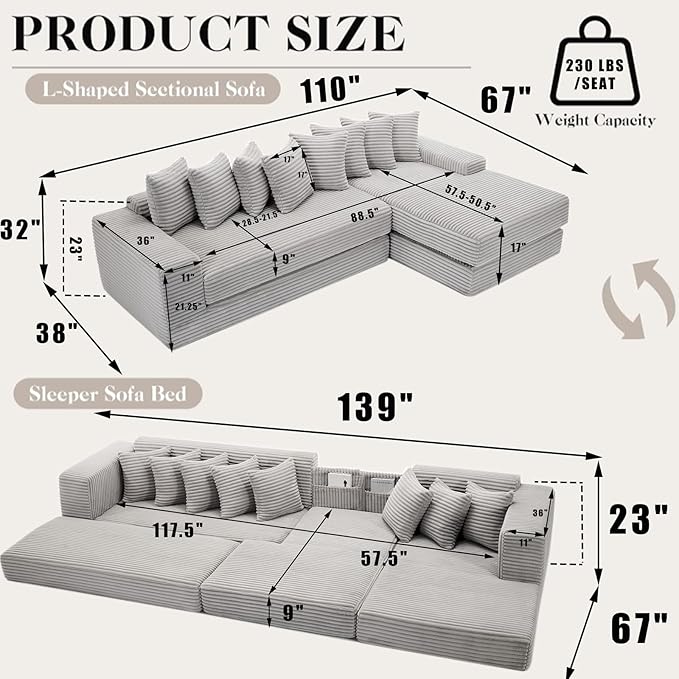 110 L-Shaped Modular Sectional Sofa with Chaise Lounge Corduroy Oversized Convertible Floor Sleeper Sofa Bed with 8 Pillows Modern Deep Seat Boneless Couches (Light Gray 110 + Right Chaise)