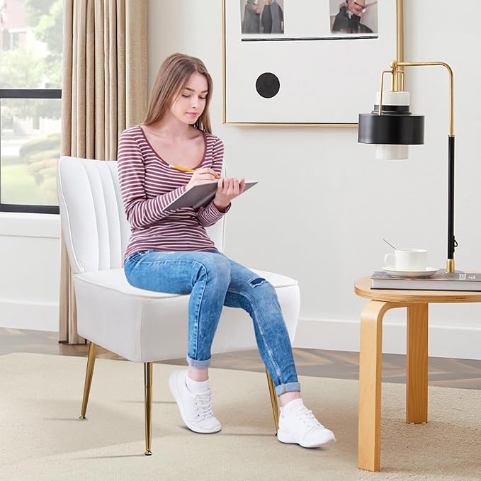 Modern Velvet Accent Chair Set of 3 Upholstered Armless Wingback Side Chair with Golden Legs Comfy Single Sofa Cute Slipper Corner Chair for Living Room Bedroom Entryway White