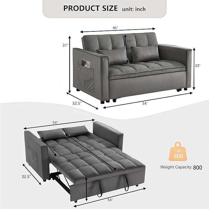 Loveseat Sleeper Sofa 3 in 1 Convertible Sofa Bed Adjustable Backrest Comfy Pull Out Couch Modern Upholstered Sofa for Living Room Bedroom Apartment Small Space (a-Grey)