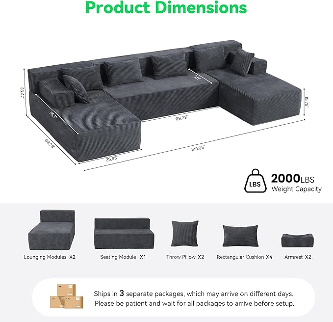 141 U Shaped Cloud Sectional Couch with Chaise Lounge Modular Sectional Sofa with Removable Armrests Comfy Corduroy Boneless Couches for Living Room No Assembly Required Dark Grey