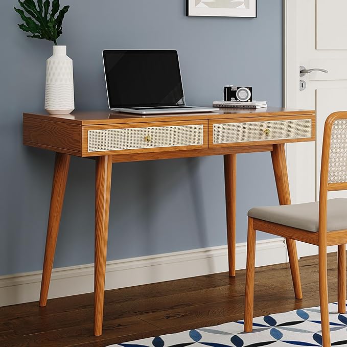 Mid-Century Modern Solid Wood Desk with Drawers – 45 inch Small Boho Rattan Writing Desk for Home Office Minimalist Design Natural Wood Legs Table for Workspace Elegance