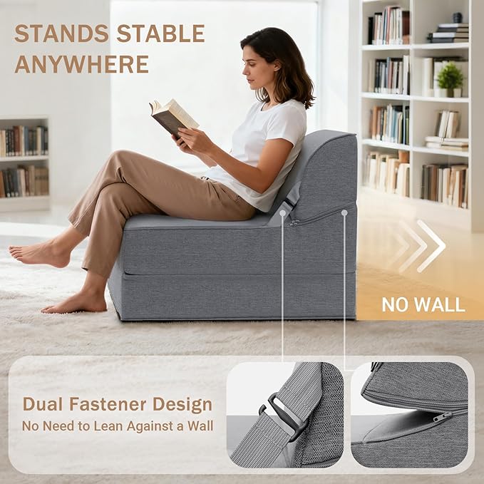 BeBen Folding Sofa Bed Chair Convertible Sleeper Chair Futon Couch Foldable Boneless Floor Lounger Sofa Twin Foam Chair Bed for Small Spaces Dorm Guest Room Living Room Apartment Grey
