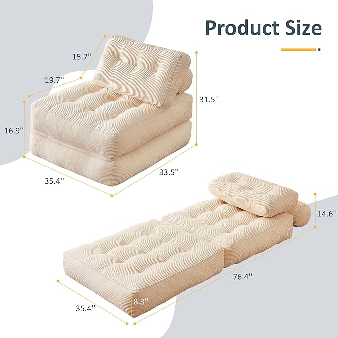 Folding Chair Bed Futon Sofa Floor Couch for Adults Chair for Living Room Lounge Sofa Convertible Sofa Bed Small Couches for Small Spaces Beige