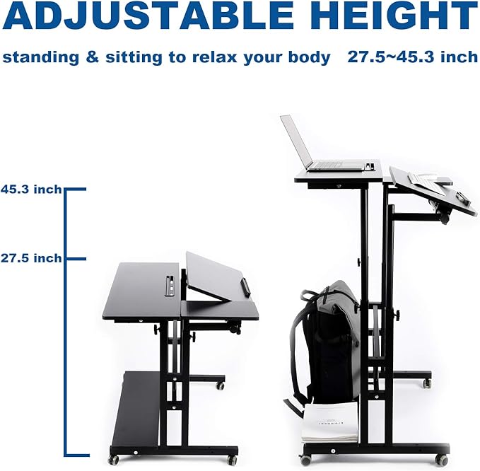 Portable Standing Desk Small Standing Desk with Wheels Standing Laptop Desk Mobile Standing Desk for Home Office Adjustable Standing Desk Stand Up Computer Desk Rolling Laptop Cart Black