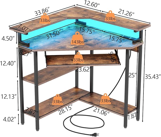 Auromie Corner Desk with Charging Station &amp LED Light Triangle Corner Desk with Monitor Stand &amp Keyboard Tray for Small Space Gaming Computer Desk with Storage Shelves for Home Office (Rusti