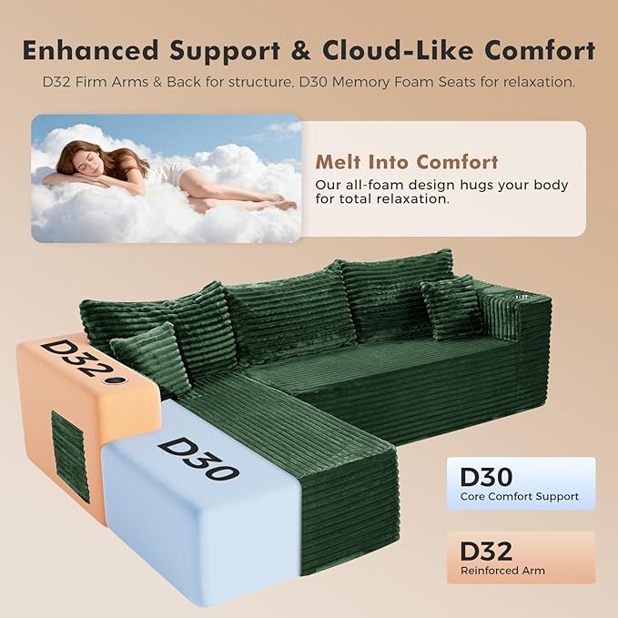 ELUCHANG Oversized 108” Boneless Couch Comfy Cloud Modular Sectional Sofa L-Shape Sofa with Chaise Memory Foam Upholstered Couch for Living Room Bedroom No Assembly Required Corduroy Green