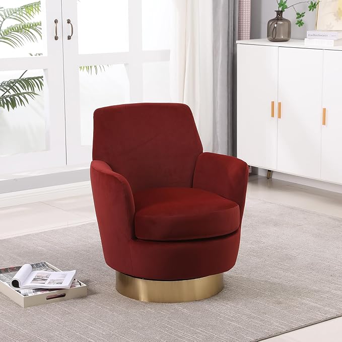 360° Swivel Barrel Accent Chair Comfy Round Accent Chairs with Gold Iron Base &amp Dual-Layer Cushion Modern Lounge Reading Armchair Upholstered Sofa Chair for Living Room Bedroom(Velvet Red)