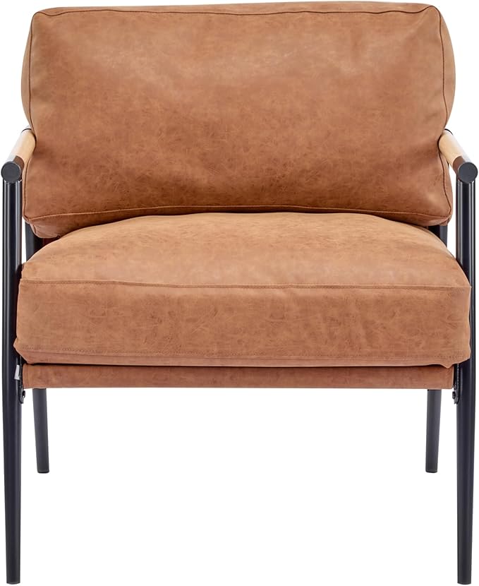 Faux Leather Modern Accent Chair Lounge Arm Chair Upholstered Armchair with Plush Cushions Single Chairs with Metal FrameWooden Armrest - Perfect for OfficeLiving RoomBedroomBrown