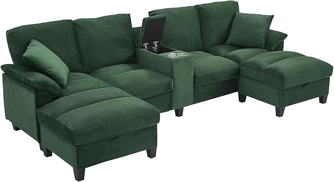 Modern U-Shaped Sofa 116.9 Sectional Sofa Corduroy Upholstered Sofa Couch with Storage Ottomans Cup Holders and USB Ports for Living Room (Green-X70)