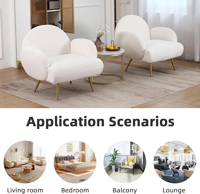 Accent Chair White with Golden Metal LegsReading Chair for Bedroom Comfy Boucle Sherpa Chair for Living Room Bedroom
