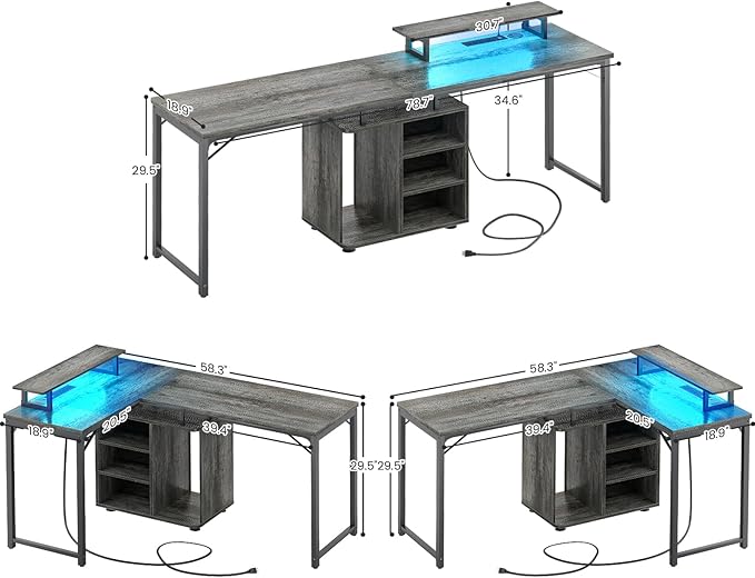 Cyclysio L Shaped Gaming Desk with Wood Cabinet 58 Large Corner Desk with LED Lights &amp Power Outlet Reversible Computer Desks with Computer Tower Stand 2 Person Desks for Home Office Grey