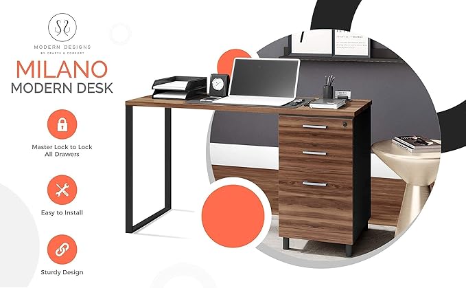Modern Design Milano Office Computer Desk with 3 Locking Drawers 48 Inch Walnut and Black Industrial Wood Desk with Filing Drawer and Storage by Crafts and Comfort