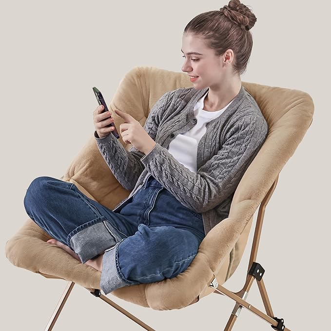 Walsham Folding Comfy Chair Faux Fur Soft Cozy Lounge Reading Papasan Chair for Adults Kids Bedroom Living Room Dorms Small Space Brown