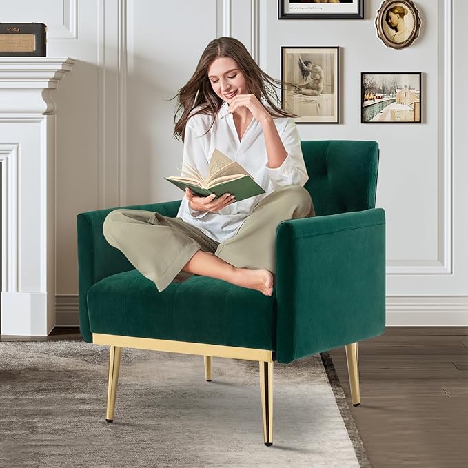 Green Velvet Accent Chairs Set of 2 Comfy Button Tufted Armchair Upholstered Arm Chair Single Sofa Reading Chairs with Arms and Gold Metal Leg for Living Room Bedroom Nursery Office
