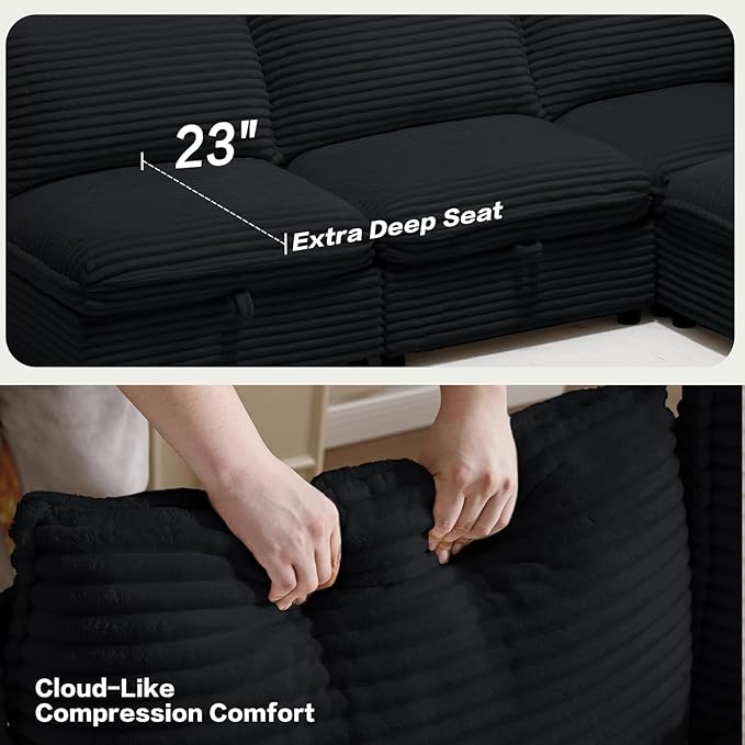 92 Modular Sectional 4 Seater Sofa with Removable Covers and Storage Convertible L-Shaped and Sleeper Sectional Modern Corduroy Couches with Ottoman Chaise for Living Room Apartment Black