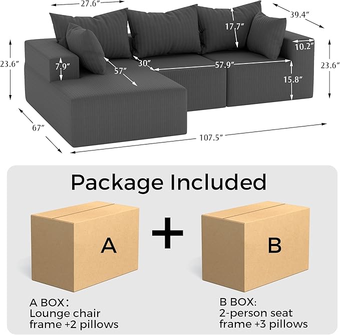 108Modern Sectional SofaModular Convertible L-Shape SofasUpholstered Couches with Deep SeatPet-Friendly Sponge Sofa for Living Room BedroomSofa bed for small space (Gray Left Facing Chaise)