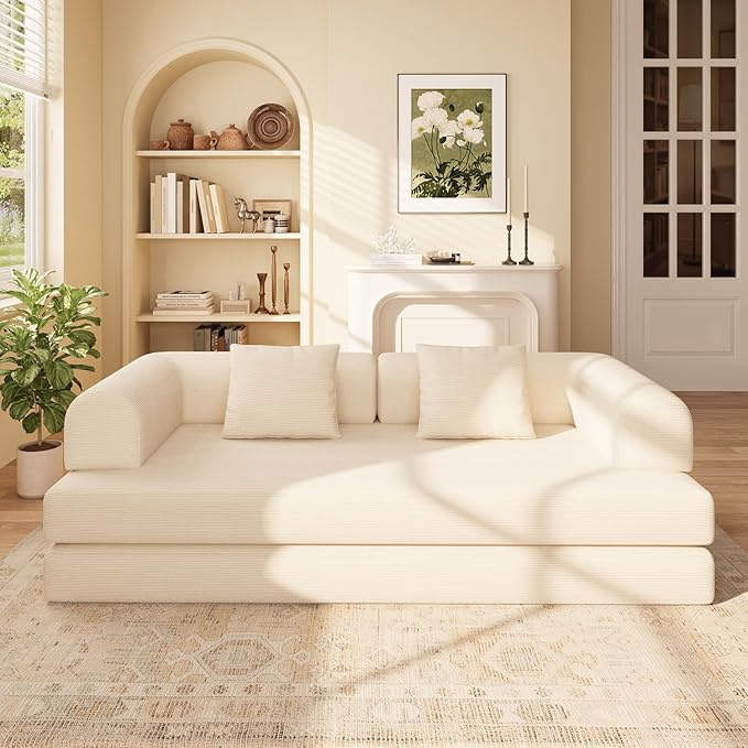 Ahomly 78.8'' Convertible Sofa Bed5-in-1 Boneless Couch with Removable ArmrestsFolding Futon Sofa Bed Includes 2 PillowsComfy Pull Out Couch for Living RoomNo Assembly RequiredCream