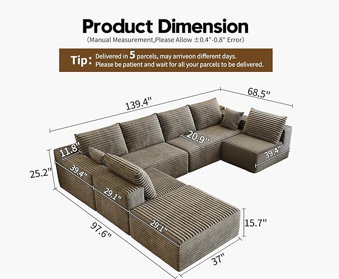 139.4 Modular Sectional Sofa Oversized U-Shaped Minimalist Couches with 2 Middle Seats and 1 Ottoman Chaise Modern Deep Seat Convertible Sleeper Sofa Cloud Plush Corduroy Fabric7 Seater Camel