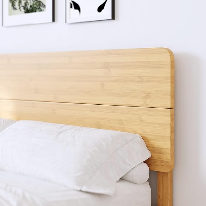 14in High Solid Bamboo Wood Platform Twin Size Bed Frame with Headboard Reinforced Heavy Duty Metal Slats Noise Free No Box Spring Needed Easy Assembly
