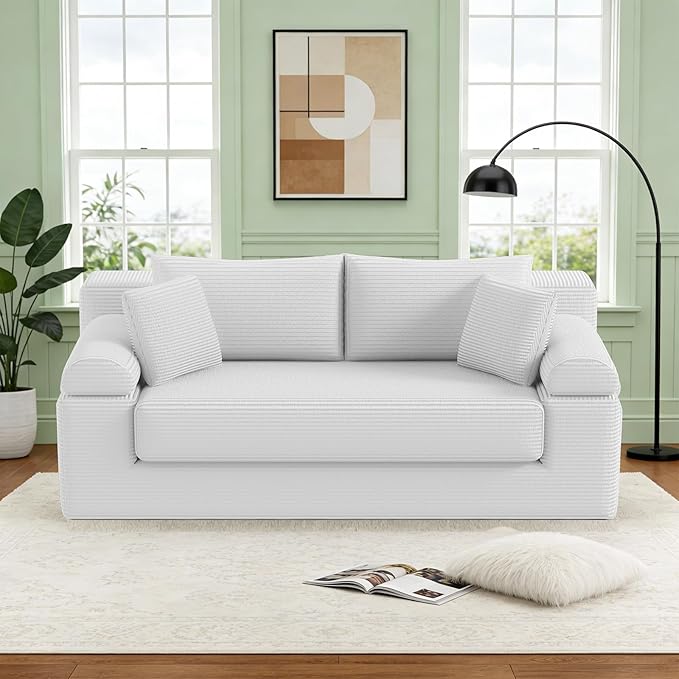 Folding Convertible Sofa Bed 78 Inch Corduroy Boneless Cloud Couch Futon Compressed Pull Out Loveseat Sleeper Bed Foldable Floor Mattress Sofa for Living Room Bedroom Grey White