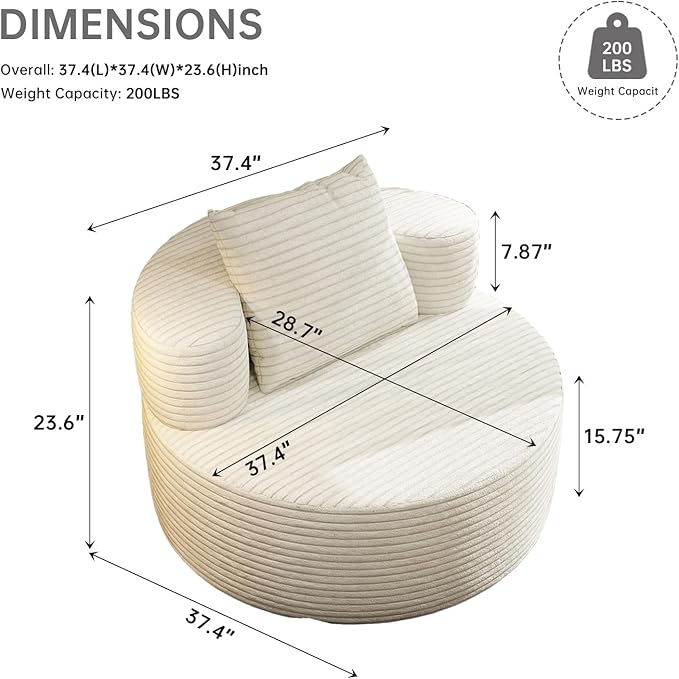 37.4 Boneless Round Chair Oversized Chaise Lounge Cloud Chair Indoor Upholstered Corduroy Deep Seat Sofa Accent Chair No Assembly Required for Living Room Bedroom Apartment
