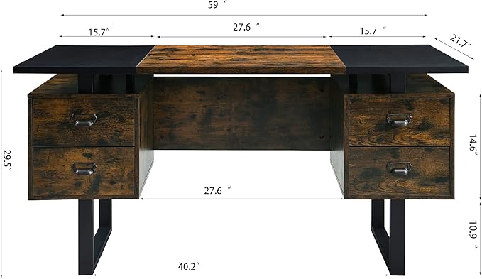 LEEMTORIG Computer Desk with Drawers 59 inch Large PC Gaming Desk Modern Industrial Study Student Writing Table Workstation Black &amp Rustic Brown CTSZ-20401-CM
